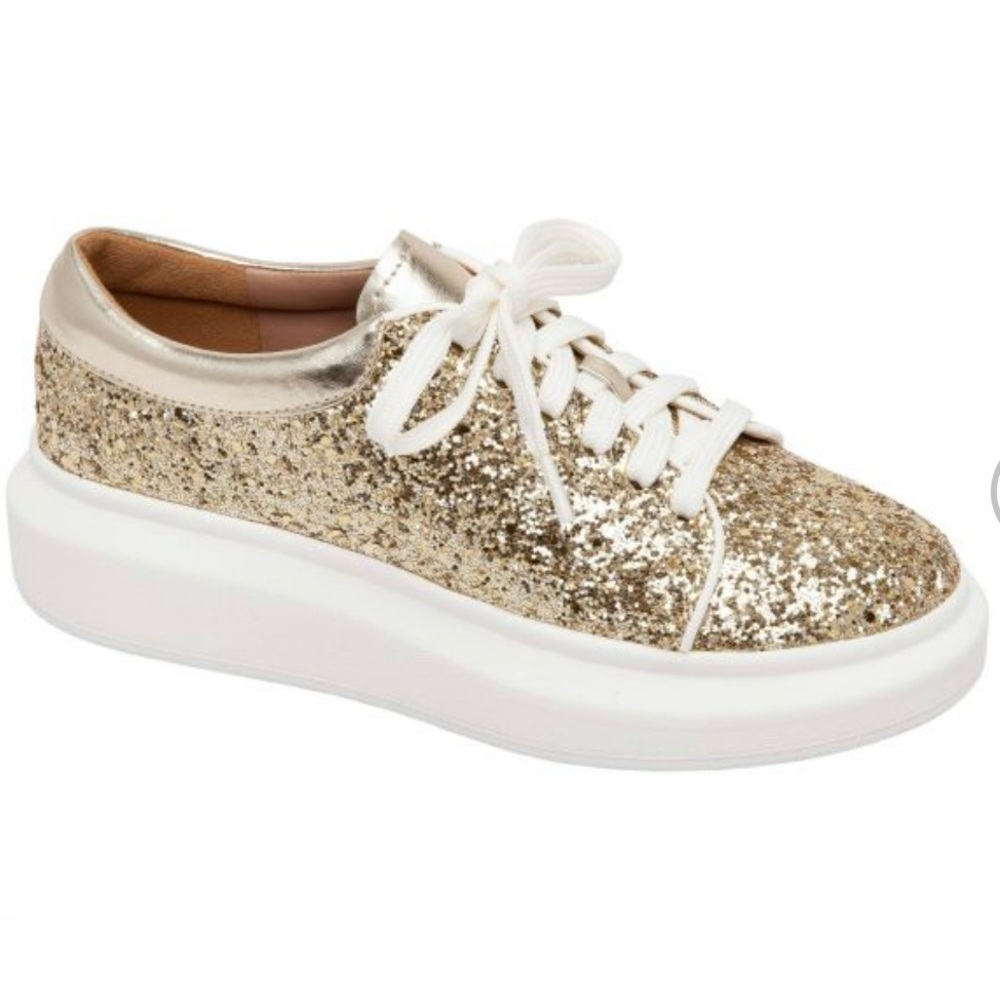 Línea Paola Kelsey Playful Lace-Up Platform Tennis Shoes PU Gold Glitter